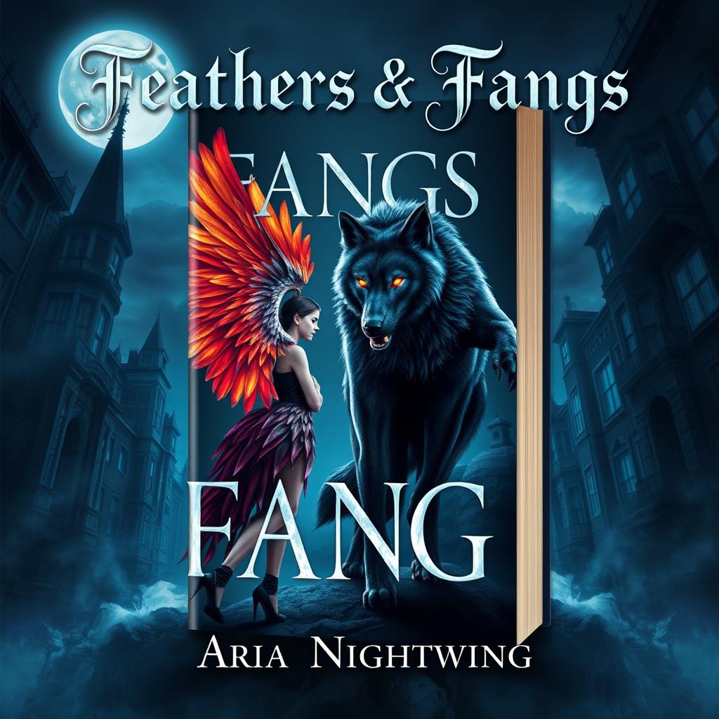 A book cover design featuring a dramatic scene between a winged person and a werewolf