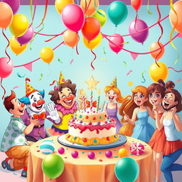 A vibrant birthday party scene featuring a diverse group of characters enjoying themselves