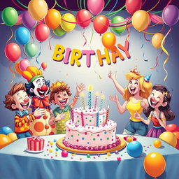 A vibrant birthday party scene featuring a diverse group of characters enjoying themselves