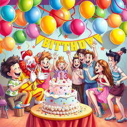 A vibrant birthday party scene featuring a diverse group of characters enjoying themselves
