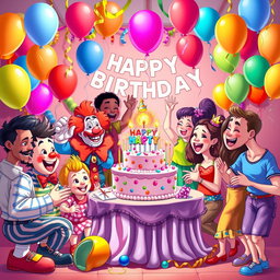 A vibrant birthday party scene featuring a diverse group of characters enjoying themselves