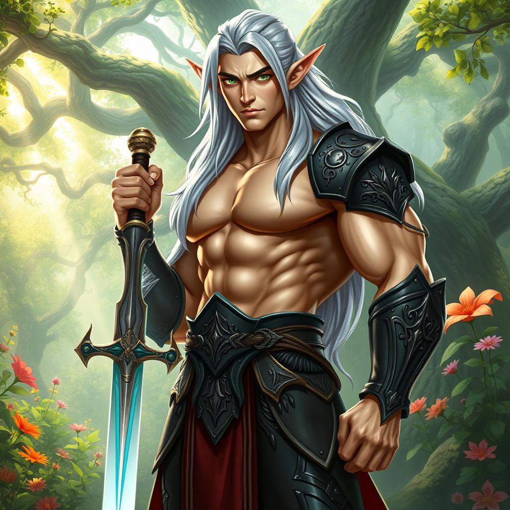 A muscular elf with chiseled features, standing confidently in a lush, enchanted forest