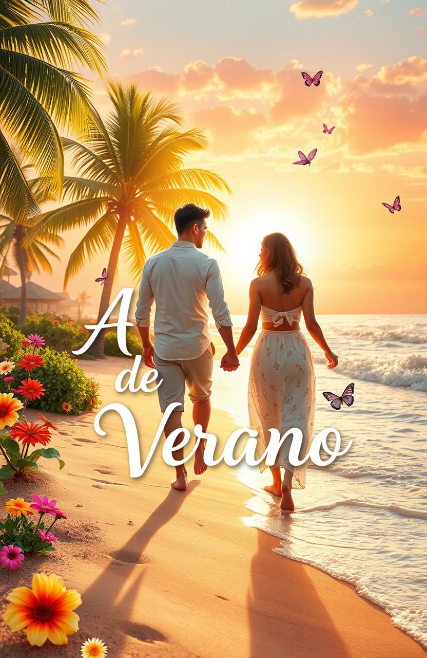 A romantic summer scene featuring the phrase 'Amores de Verano' elegantly integrated into the image