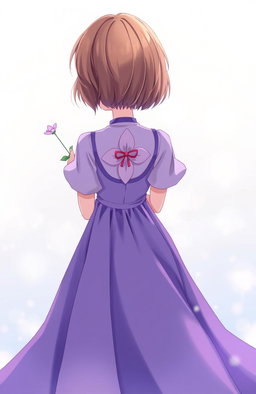 A girl holding a purple flower behind her back, gracefully showcasing her long purple dress