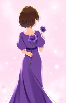 A girl holding a purple flower behind her back, gracefully showcasing her long purple dress