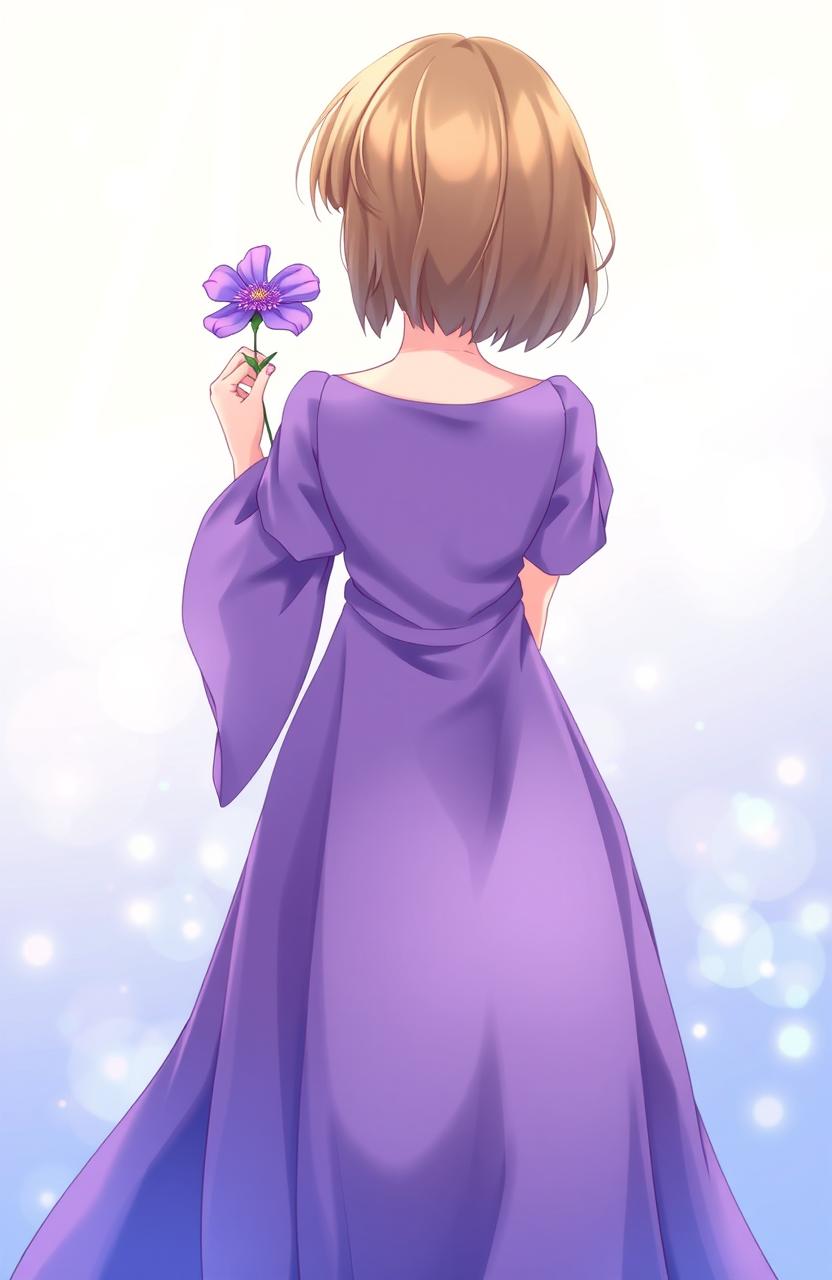 A girl holding a purple flower behind her back, gracefully showcasing her long purple dress