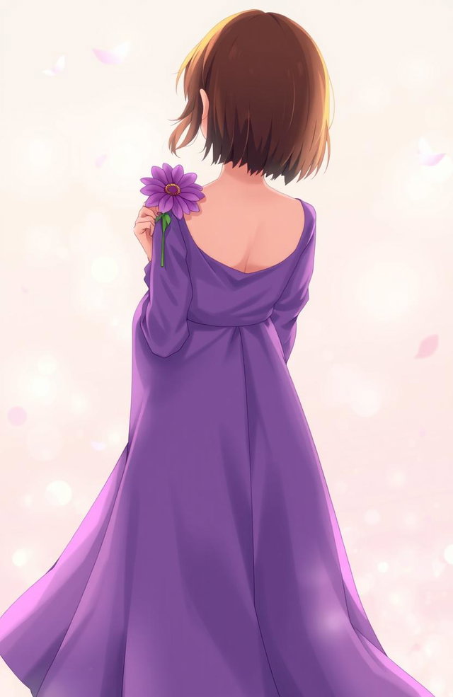A girl holding a purple flower behind her back, gracefully showcasing her long purple dress