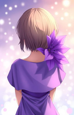 A girl with short brown hair, wearing a flowing purple dress, standing with her back to the viewer