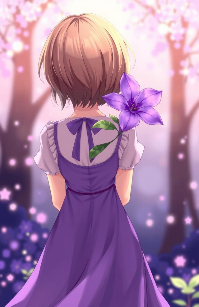 A girl with short brown hair, wearing a flowing purple dress, standing with her back to the viewer