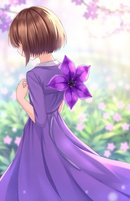 A girl with short brown hair, wearing a flowing purple dress, standing with her back to the viewer