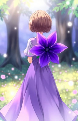 A girl with short brown hair, wearing a flowing purple dress, standing with her back to the viewer