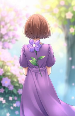 A scene featuring a girl holding a purple flower behind her back, dressed in a flowing purple dress
