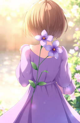 A scene featuring a girl holding a purple flower behind her back, dressed in a flowing purple dress