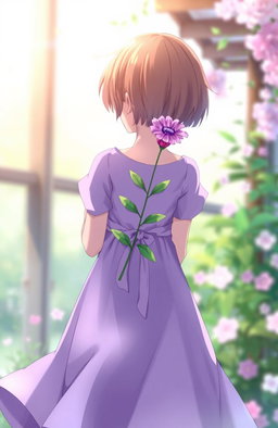 A scene featuring a girl holding a purple flower behind her back, dressed in a flowing purple dress