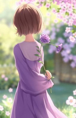 A scene featuring a girl holding a purple flower behind her back, dressed in a flowing purple dress