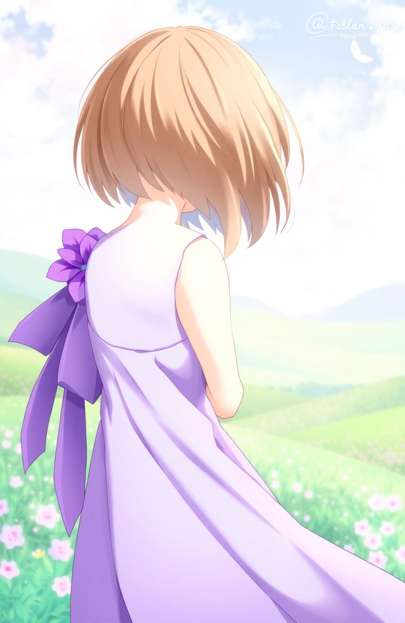 A girl with short brown hair wearing a flowing purple dress, holding a vibrant purple flower behind her back