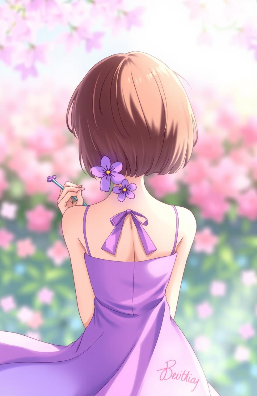 A girl with short brown hair, wearing a beautiful purple dress, is holding a delicate purple flower behind her back