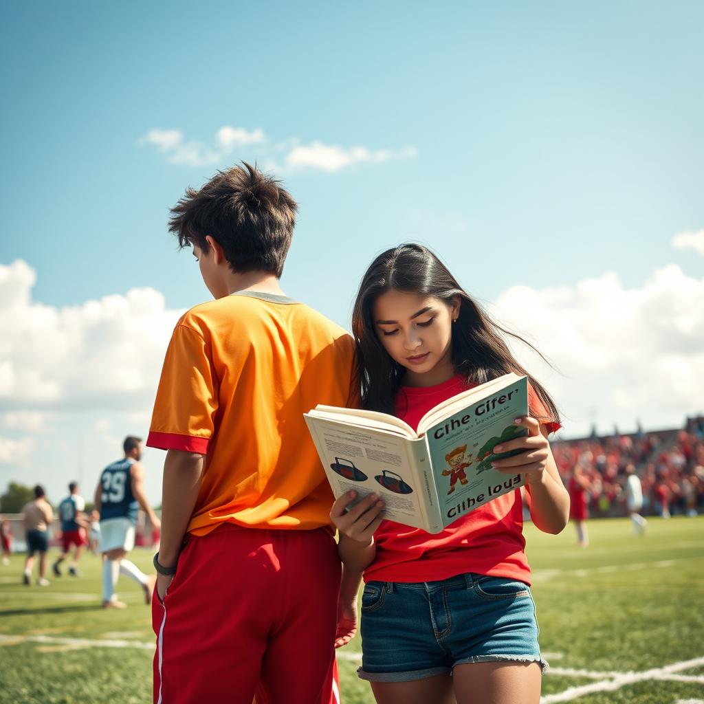 A beautiful scene depicting a vibrant football field under a sunny sky, where a tall and fit dark-haired boy stands next to a gorgeous girl who is deeply passionate about reading