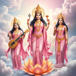 A majestic depiction of three goddesses - Saraswati, Lakshmi, and Parvati, portrayed in full body