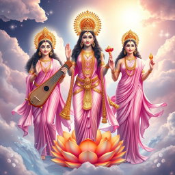 A majestic depiction of three goddesses - Saraswati, Lakshmi, and Parvati, portrayed in full body