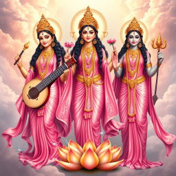 A majestic depiction of three goddesses - Saraswati, Lakshmi, and Parvati, portrayed in full body