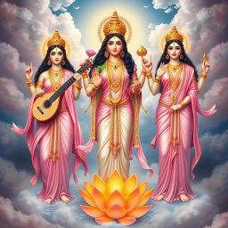 A majestic depiction of three goddesses - Saraswati, Lakshmi, and Parvati, portrayed in full body