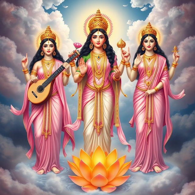 A majestic depiction of three goddesses - Saraswati, Lakshmi, and Parvati, portrayed in full body