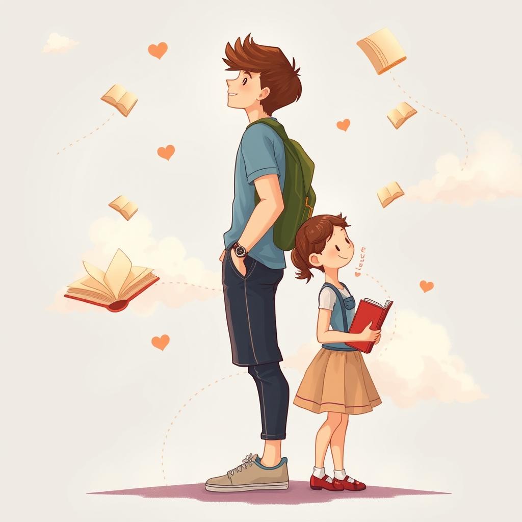 A book cover illustration depicting a scene of a tall boy and a girl who is shorter, both standing back to back, radiating a sense of love and connection