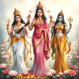 A beautiful and graceful representation of the three goddesses - Saraswati, Lakshmi, and Parvati, depicted in full body