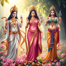 A beautiful and graceful representation of the three goddesses - Saraswati, Lakshmi, and Parvati, depicted in full body