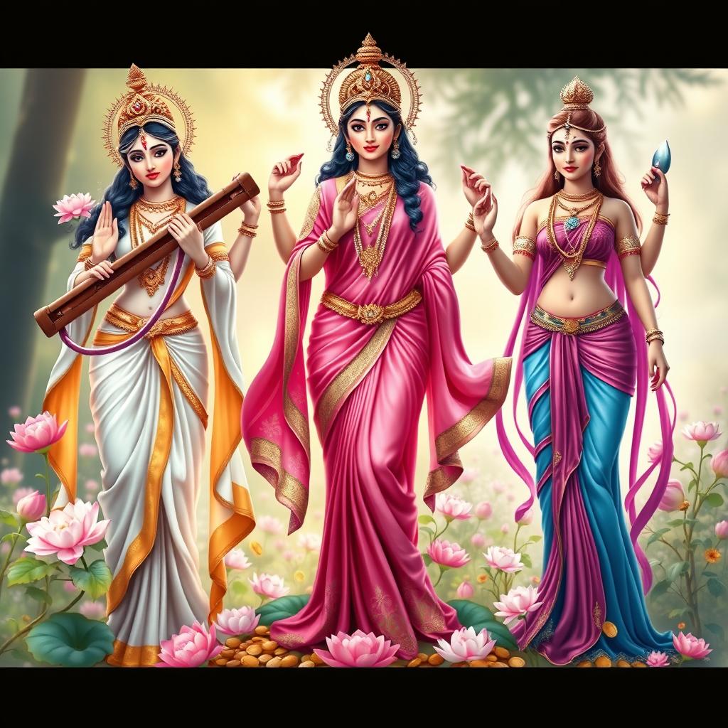 A beautiful and graceful representation of the three goddesses - Saraswati, Lakshmi, and Parvati, depicted in full body