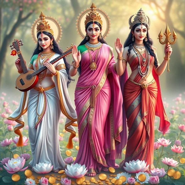 A beautiful and graceful representation of the three goddesses - Saraswati, Lakshmi, and Parvati, depicted in full body