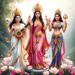 A divine representation of the three goddesses - Saraswati, Lakshmi, and Parvati, depicted in full body with elegance and grace