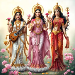 A divine representation of the three goddesses - Saraswati, Lakshmi, and Parvati, depicted in full body with elegance and grace