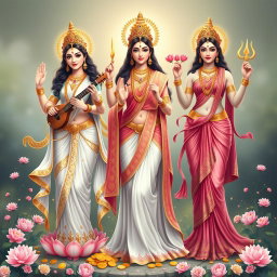 A divine representation of the three goddesses - Saraswati, Lakshmi, and Parvati, depicted in full body with elegance and grace