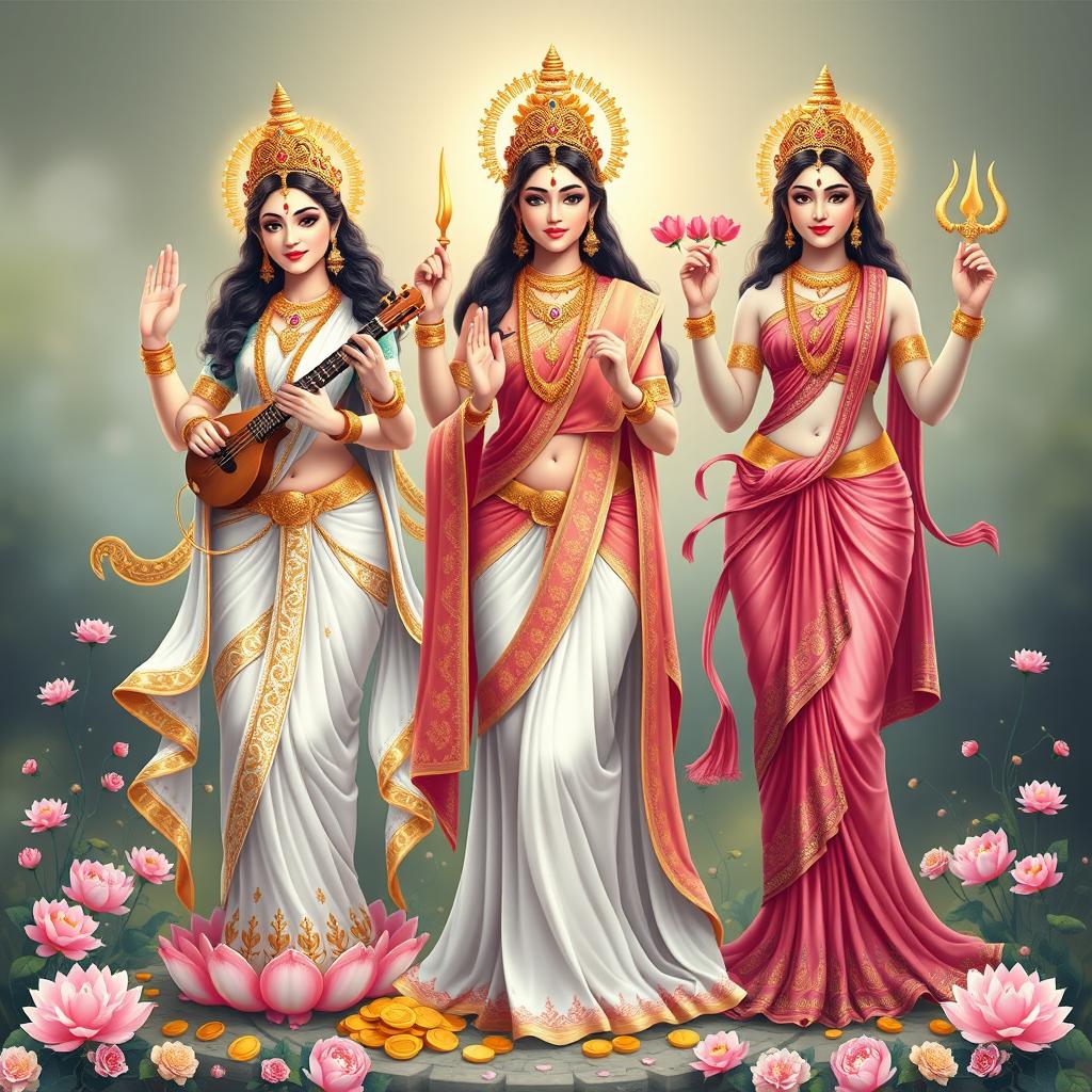 A divine representation of the three goddesses - Saraswati, Lakshmi, and Parvati, depicted in full body with elegance and grace