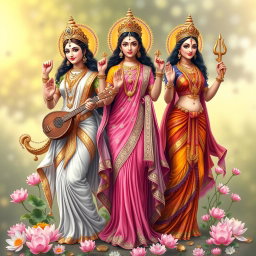 A divine representation of the three goddesses - Saraswati, Lakshmi, and Parvati, depicted in full body with elegance and grace