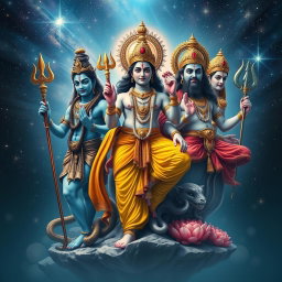 A majestic and divine representation of the three principal deities of Hinduism - Lord Shiva, Lord Vishnu, and Lord Brahma, depicted in full body