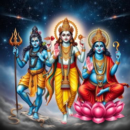 A majestic and divine representation of the three principal deities of Hinduism - Lord Shiva, Lord Vishnu, and Lord Brahma, depicted in full body