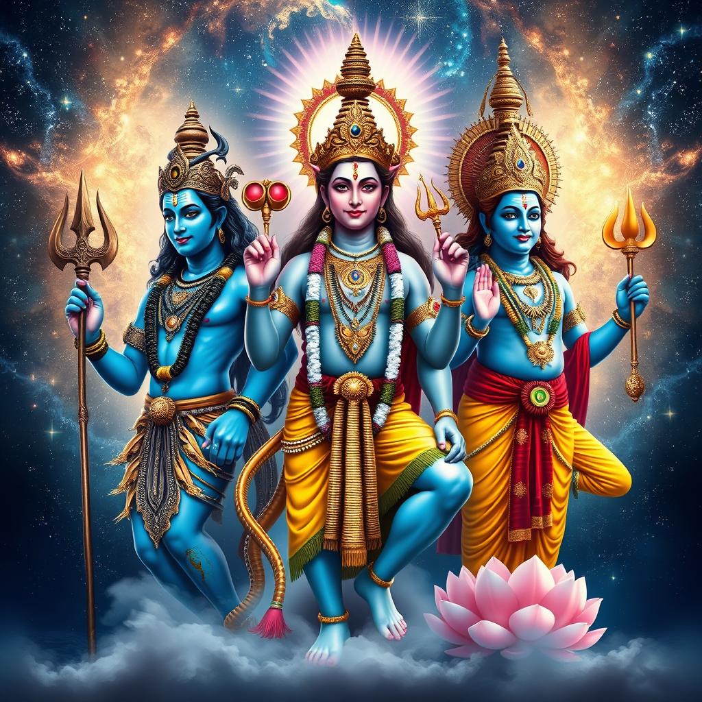 A majestic and divine representation of the three principal deities of Hinduism - Lord Shiva, Lord Vishnu, and Lord Brahma, depicted in full body