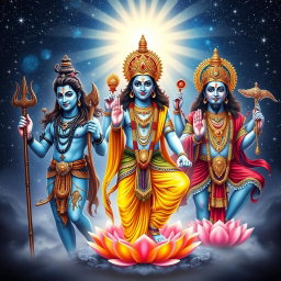 A majestic and divine representation of the three principal deities of Hinduism - Lord Shiva, Lord Vishnu, and Lord Brahma, depicted in full body