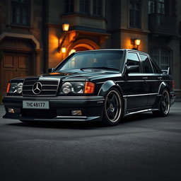 A Mercedes-Benz 190E Evo II customized with a mafia-inspired aesthetic, showcasing dark, stylish designs and sleek lines