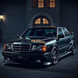A Mercedes-Benz 190E Evo II customized with a mafia-inspired aesthetic, showcasing dark, stylish designs and sleek lines