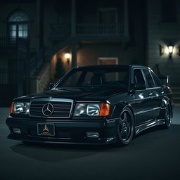 A Mercedes-Benz 190E Evo II customized with a mafia-inspired aesthetic, showcasing dark, stylish designs and sleek lines