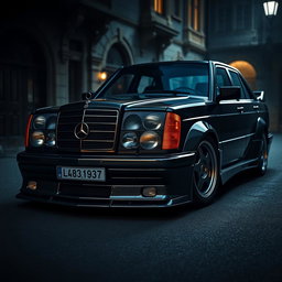 A Mercedes-Benz 190E Evo II customized with a mafia-inspired aesthetic, showcasing dark, stylish designs and sleek lines