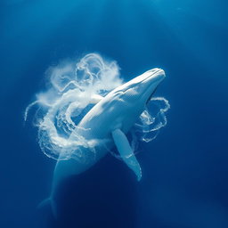 A majestic white whale breaching the surface of the ocean, surrounded by a dramatic blue water backdrop