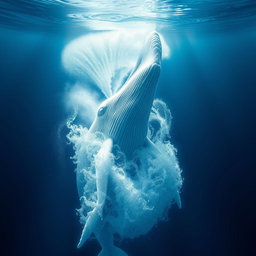 A majestic white whale breaching the surface of the ocean, surrounded by a dramatic blue water backdrop