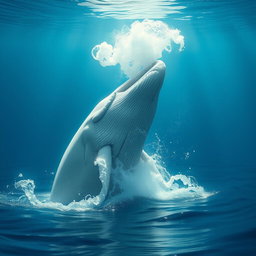 A majestic white whale breaching the surface of the ocean, surrounded by a dramatic blue water backdrop