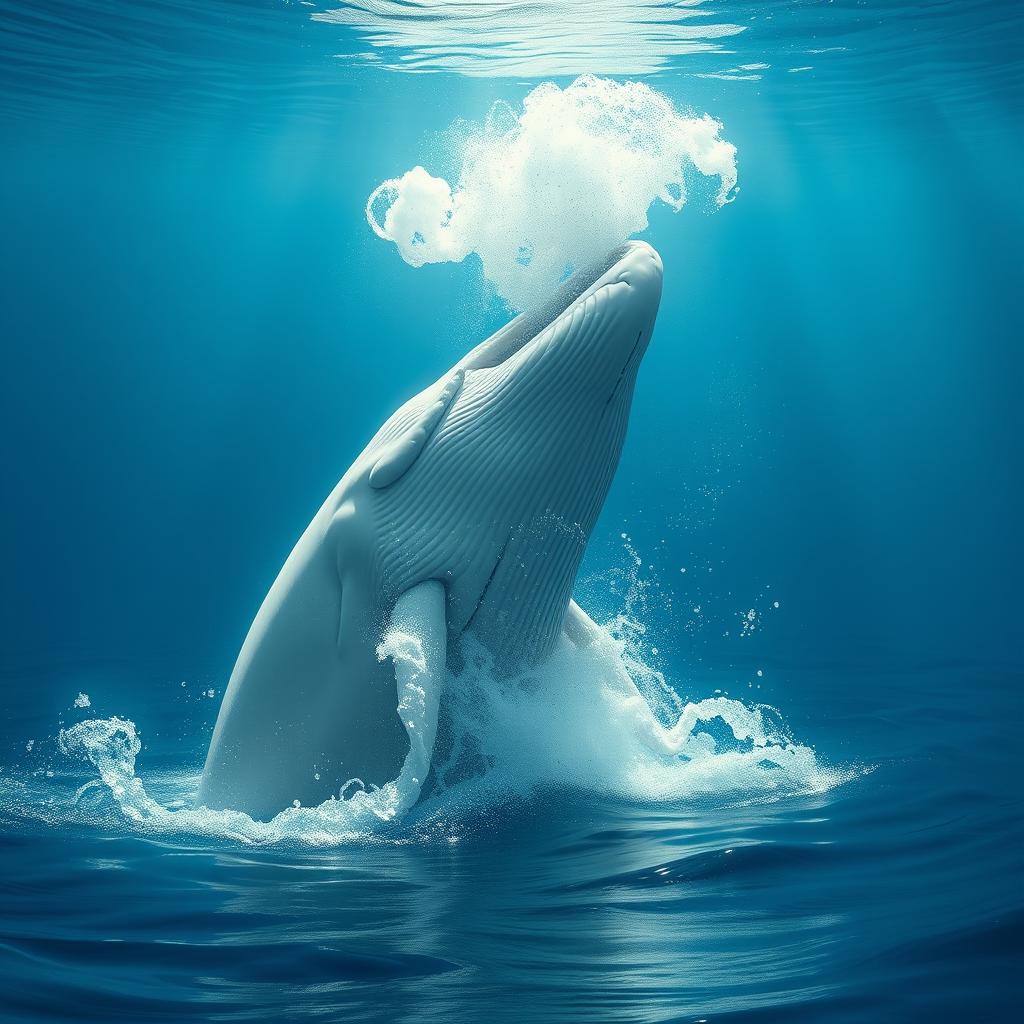 A majestic white whale breaching the surface of the ocean, surrounded by a dramatic blue water backdrop
