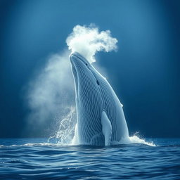 A majestic white whale breaching the surface of the ocean, surrounded by a dramatic blue water backdrop